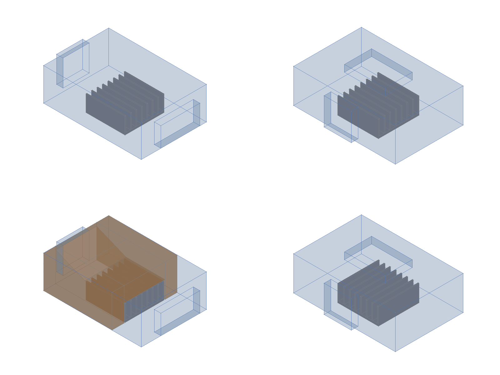 四種配置的 FreeCAD 幾何：A、B、A 加導風罩、B 鰭片轉 90 度